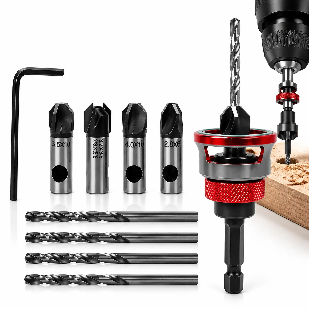 4 Pack HCS Steel Countersink Drill Bit Set with Hex Wrench, Adjustable Drilling Depth Woodworking Tool for Wood, Plastic & DIY Projects