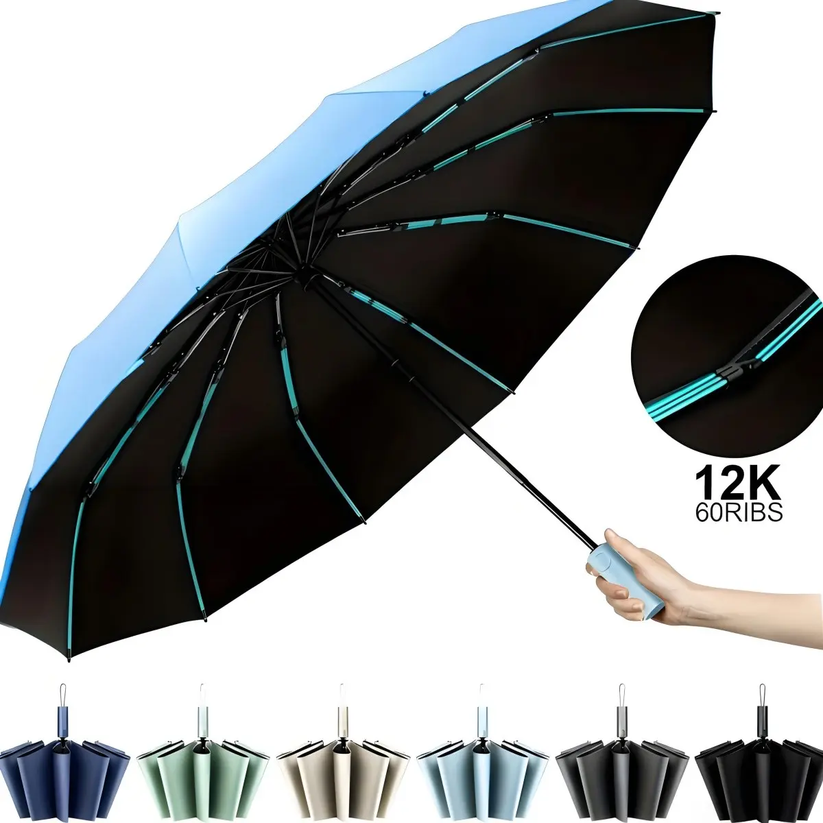 Strong 60 Bone Windproof Folding Umbrella, Telescopic Handle, Automatic Open, Waterproof, Anti-Storm, Sunproof, Anti-UV, 1pc