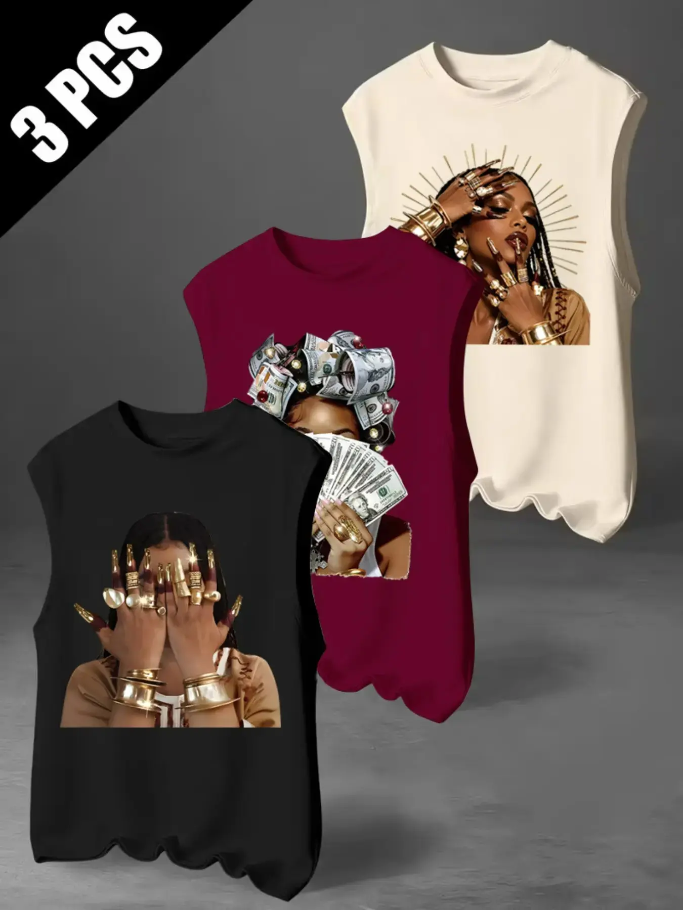 Men's Three-Piece Casual Loose Sleeveless Tank Top Set, Graphic Print, Summer Vacation Party Wear, Comfortable Inner or Outer Shirt#UnisexFashion #UnisexTankTop #ThreePack #GraphicTop #SleevelessShirt#PortraitPrint #MoneyPrint #Streetwear #Y2KStyle