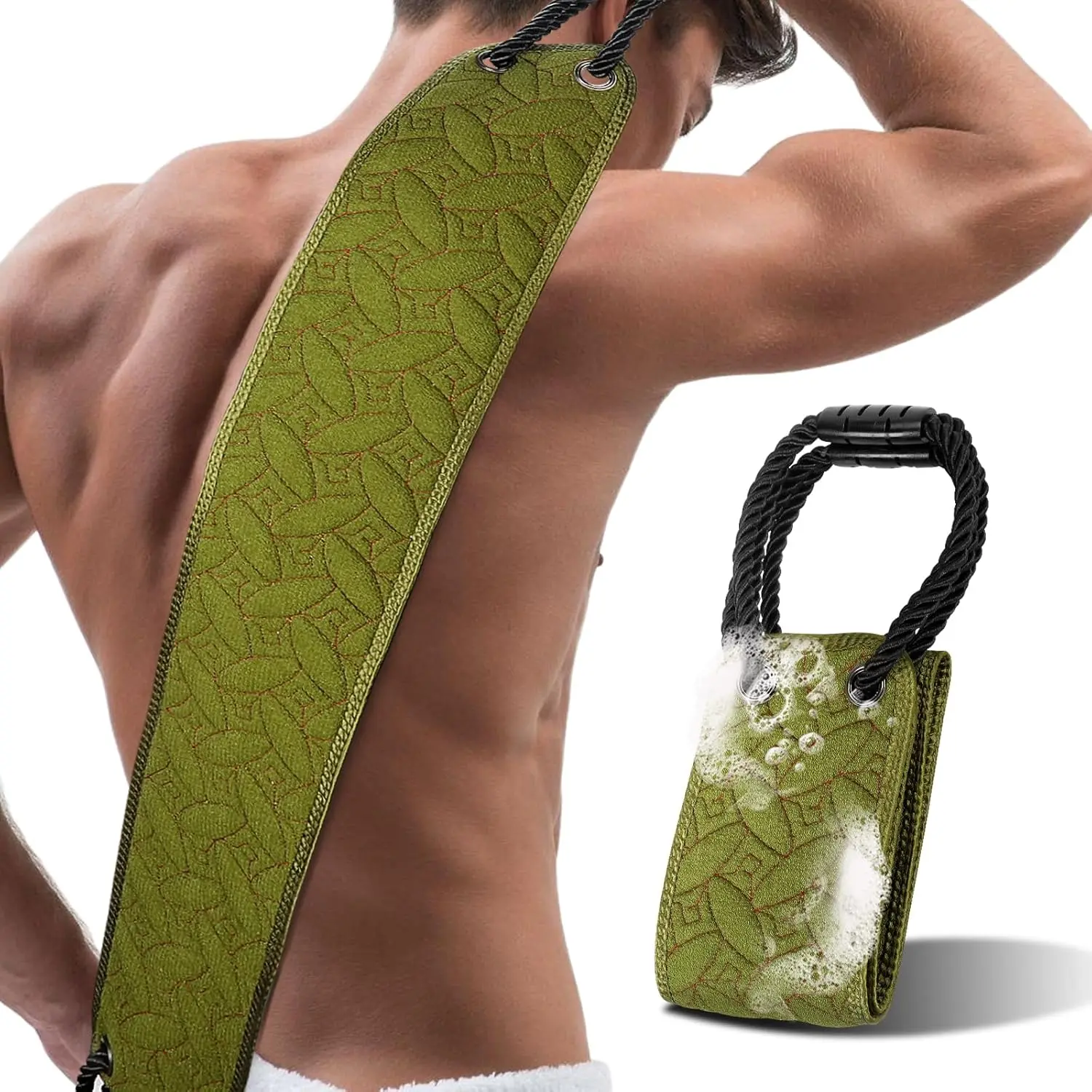 Exfoliating Back Scrubber for Use in Shower, 38.5 Inch Back Washer with Handles, Dual-Sided Body Exfoliator for Daily & Deep Skin Cleaning, Bath Back Scrub Washcloth for Men & Women