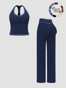 Women's Sporty Waist Cinching Butt Lifting Long Pants Tank Top Set, Casual Colorblock Style, Spring & Fall Fashion, Casual Activewear Set