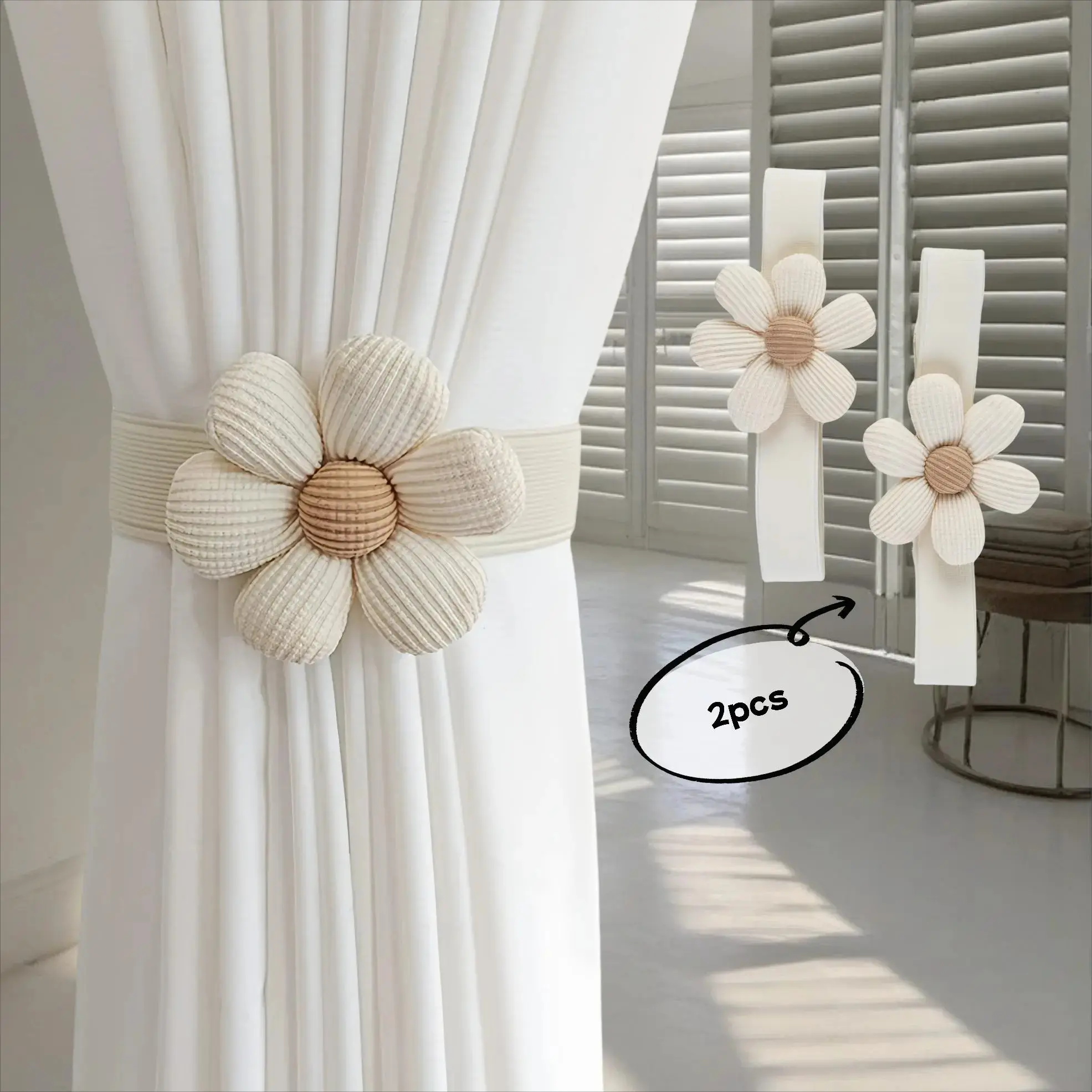 2PCS Decorative Flower Curtain Tiebacks, Adjustable Twisted Rope Curtain Holders for Drapes, Boho Farmhouse Window Curtain Holdbacks, No Drill Curtain Accessories for Living Room Bedroom Nursery Hotel Decor