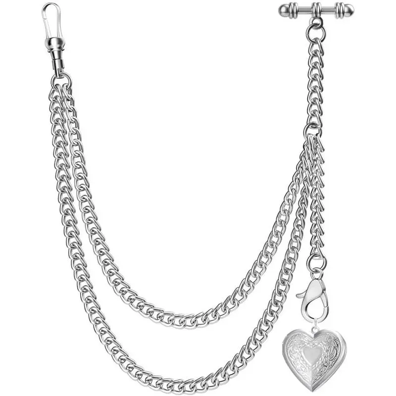 Single Albert Pocket Watch Chain T-Bar with Silver Heart Locket Pendant