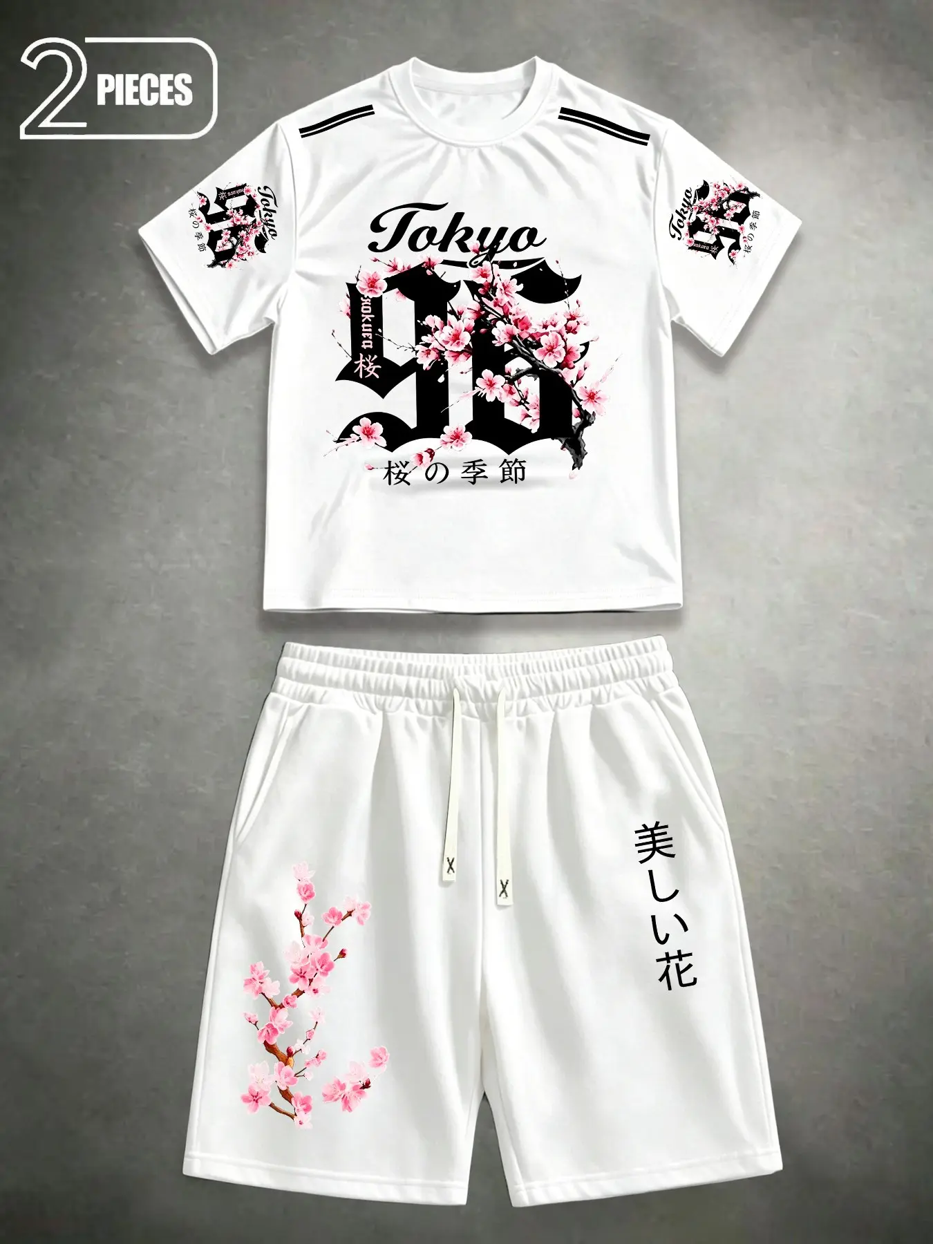 Men’s Tokyo Cherry Blossom Japanese Text Gothic Number Print Matching Tracksuit Crew Neck Short Sleeve Tee & Drawstring Casual Shorts Oriental Floral Street Two Piece Outfit For Summer Daily Travel Outdoor Street Leisure Wear#TrendingMens