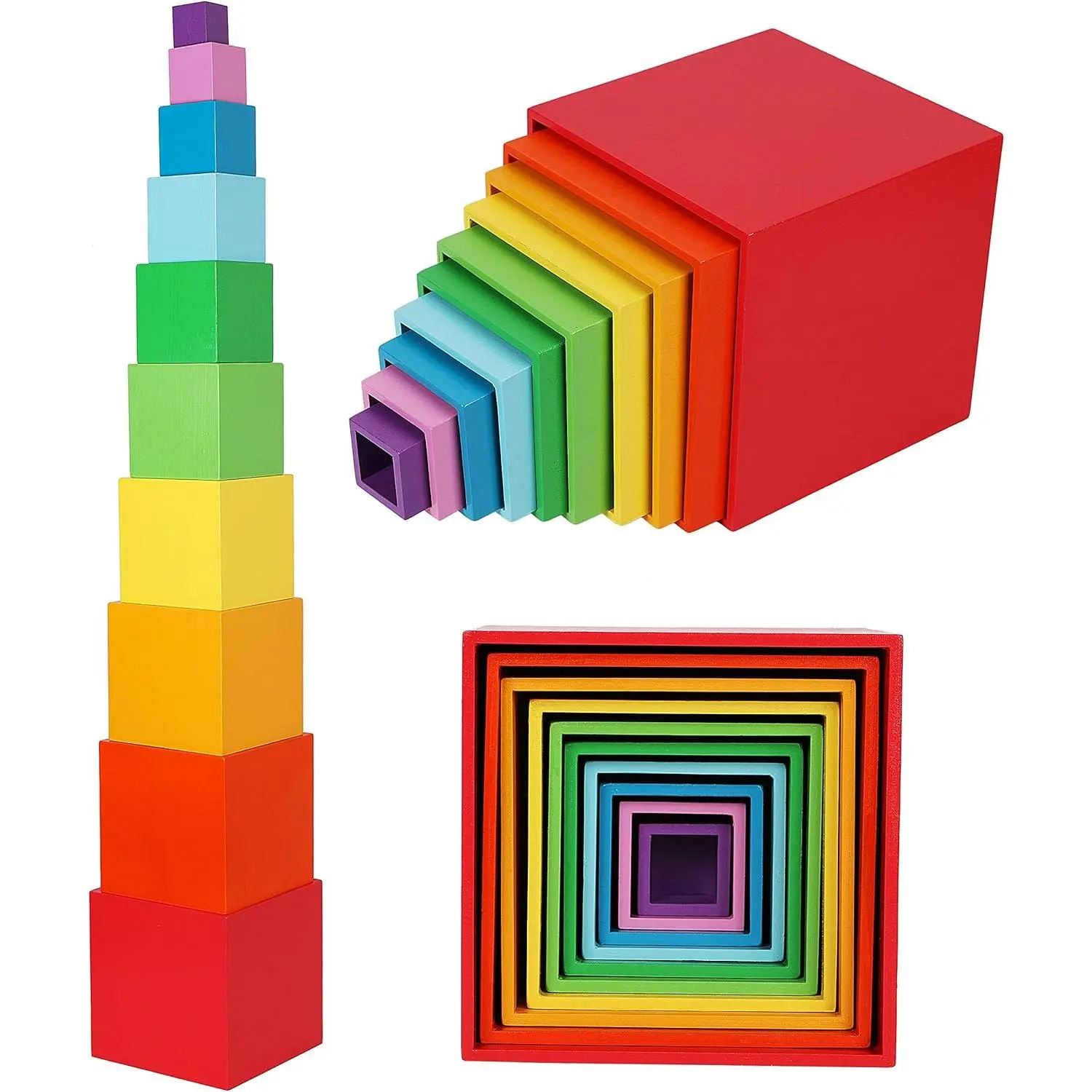 Wooden Stacking Boxes Rainbow Colours-Nesting and Sorting Cups Blocks for Toddlers-Stacking Cubes Educational Learning Toys for 2 Years Old Montessori Materialsfidget toys