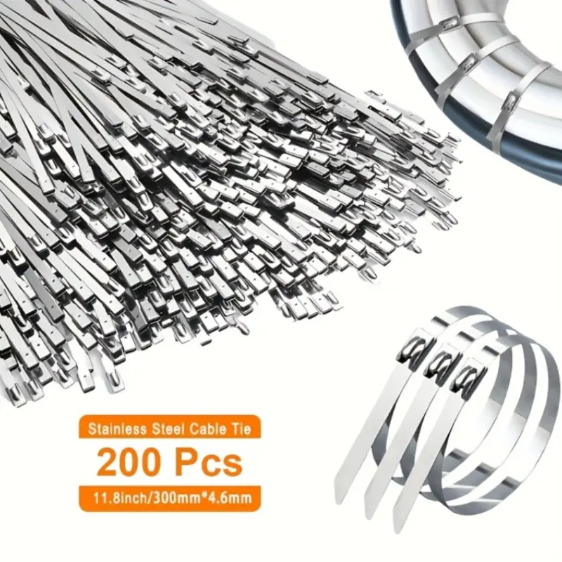 200pcs 304 Stainless Steel Tie Wraps, High Strength, Self-Locking Multi-Use, Indoor Outdoor, Industrial Home Boat Use