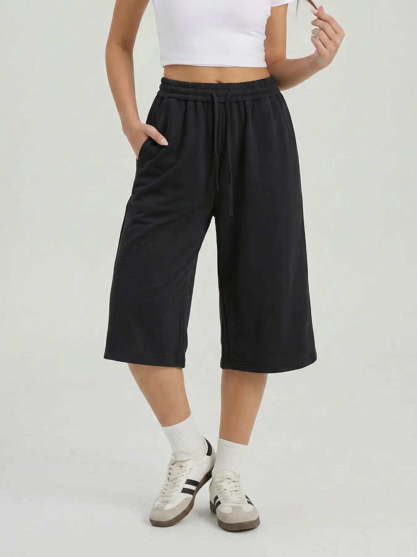 Women's Casual High Waist Cropped Wide Leg Flowy Trousers, Slouchy Stretchy Skin-Friendly Side Pocket Going Out Outfit, Summer Drawstring Waist Pill-Resistant Bottoms #TikTokMadeMeBuyIt #AthleisureTrousers #Bottoms #EverydayWear #ComfyOutfit