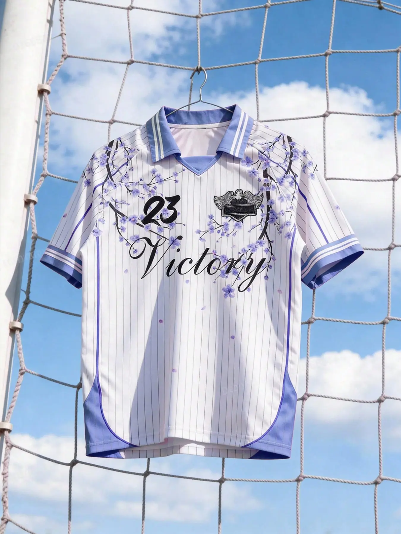 Y2K Japanese Sakura Soccer Jersey White Pink Pinstriped Polo Shirt Cherry Blossom Print 'Victory' Script Number 23 Graphic Breathable Athletic Top Quick-Dry Loose Streetwear Top for Festival Soccer Game Street Shooting Unisex Hip Hop Summer Tee