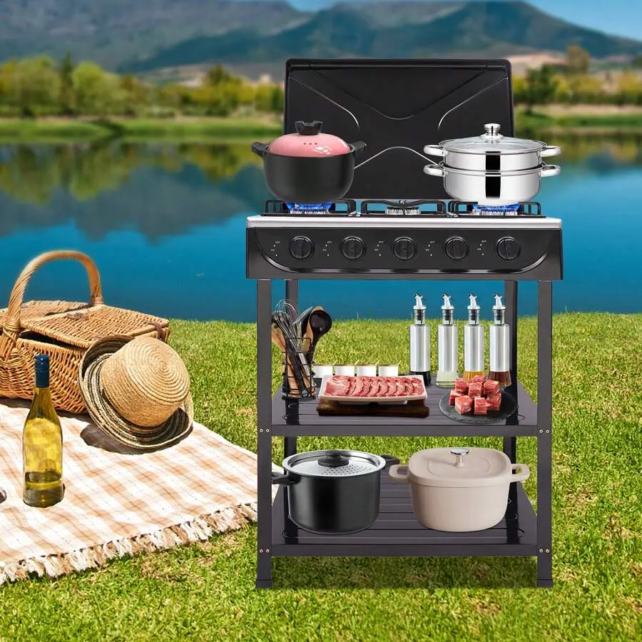 5-Burner Propane Gas Outdoor Cooker - Black Rectangular Enamel Iron Shell Portable Camping Cooktop, 2.5kW High Power Each, Camping Gear Must Haves for RV Travel, Emergency Preparedness, Easy Installation, Cast Iron, Die-Cast Aluminum Base, High Heat Resis