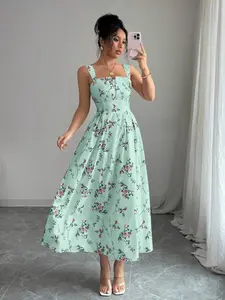 New Summer Autumn Casual French Boho Style Floral Print Pattern Thin Strap Long Dress, Elegant Women's Fashion Skirt, Perfect for Daily Wear
