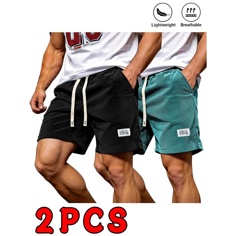 2PC Men's Corduroy Work Pants, Drawstring Elastic Waistband, Multi Pocket Retro Workwear, Men's Casual Sports Shorts