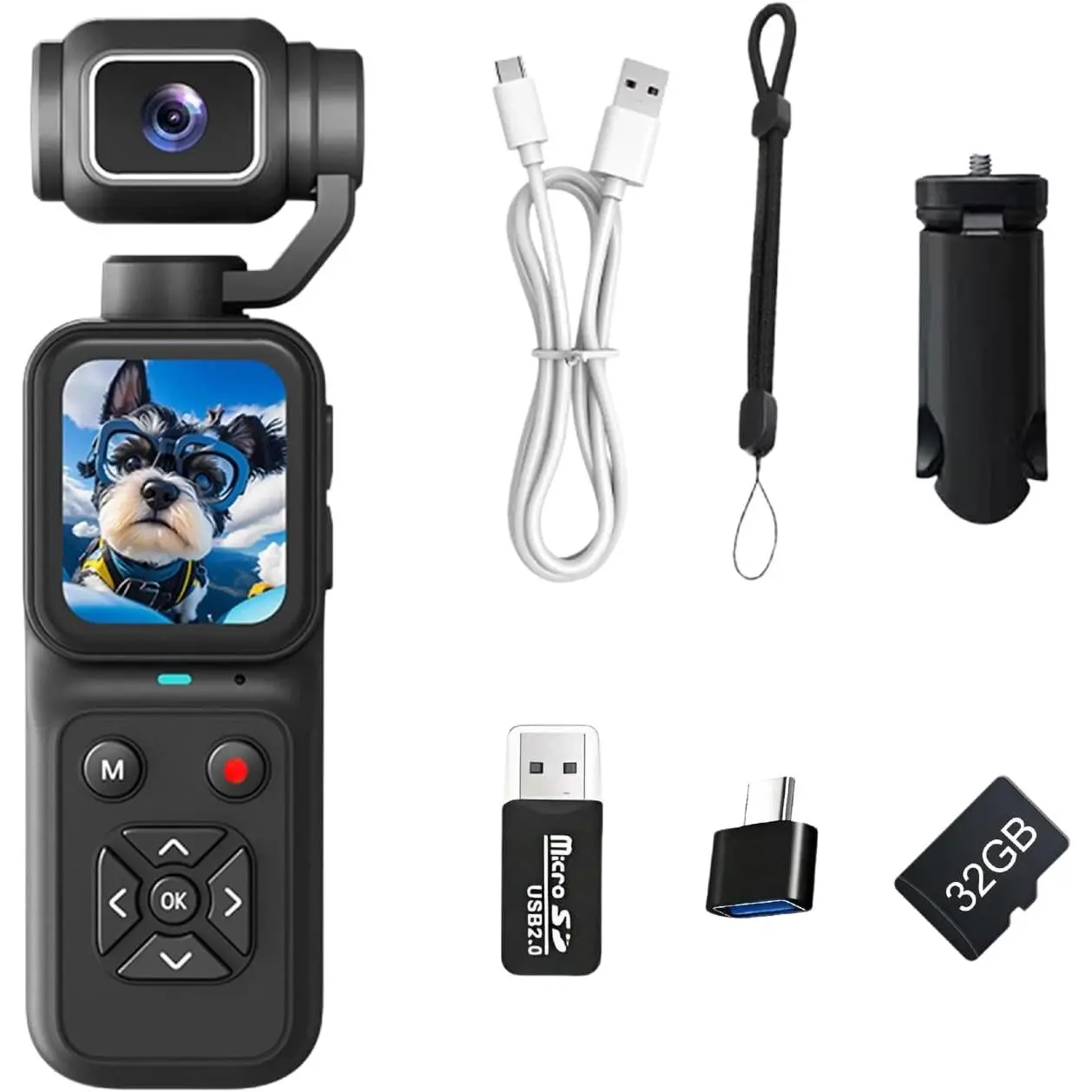 SummerWins Compact Rechargeable 1000mAh Action Camera - 48MP Photos, Rotating Lens, WiFi, 180° Flip Screen, Tripod Mount, 32GB Memory Card, Loop Record, Handheld Portable Vlogging Camera for Recording