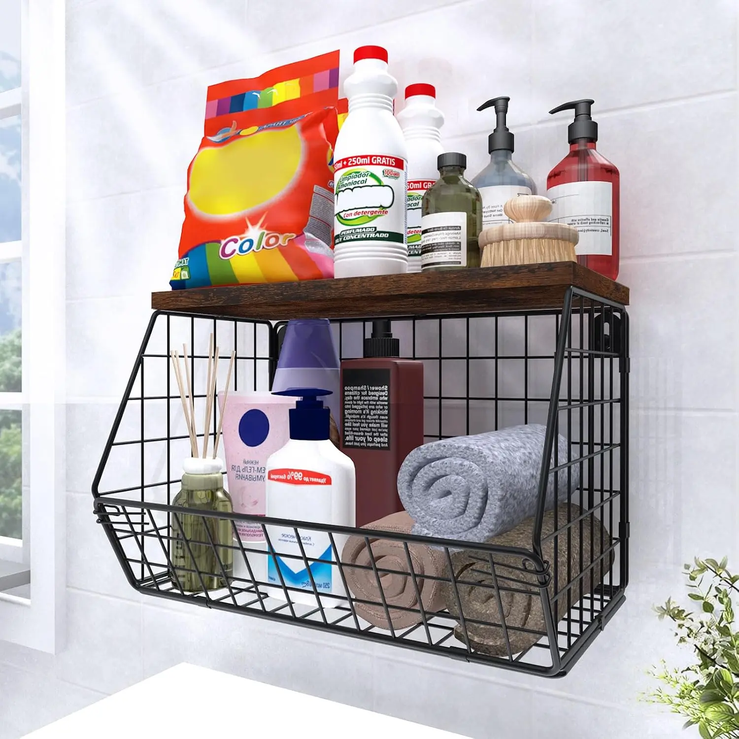 Laundry Room Shelves Wall Mounted with Storage Basket - Stackable Wire Wall Shelves Organizer for Towels, Detergent, Tissues | Space-Saving Over Washer & Dryer, Small Spaces(11.8"Wx7.9"Dx8.5"H)