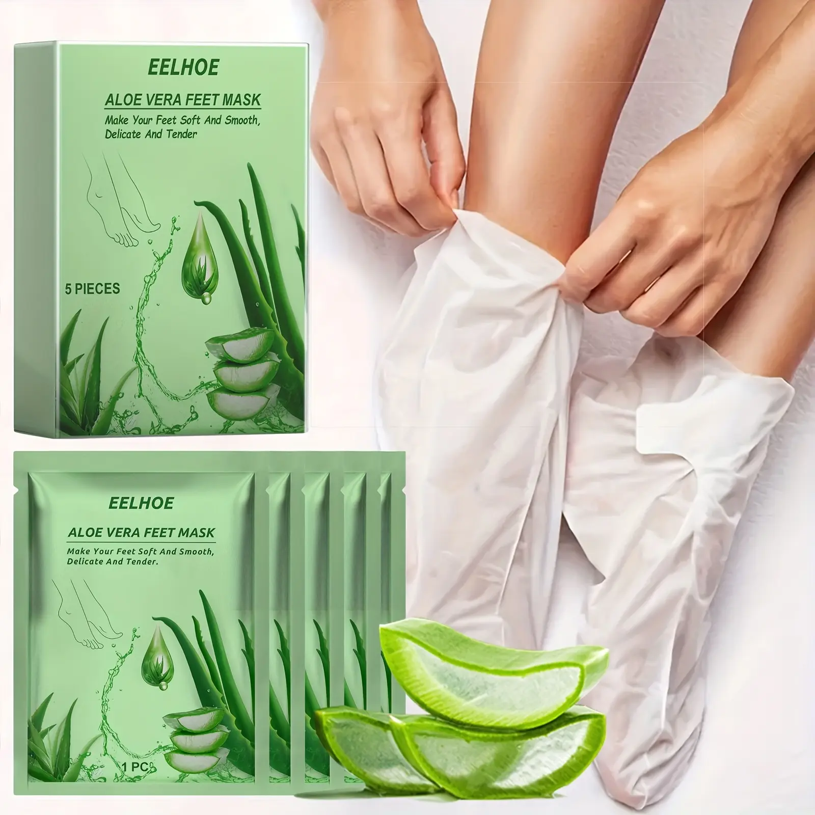 5pcs/10pcs Aloe foot mask patches, rich aloe essence deeply hydrate & moisturize, soften dead skin, tighten rough feet and repair cracked heels. Gentle home foot care peeling mask suitable for men and women.