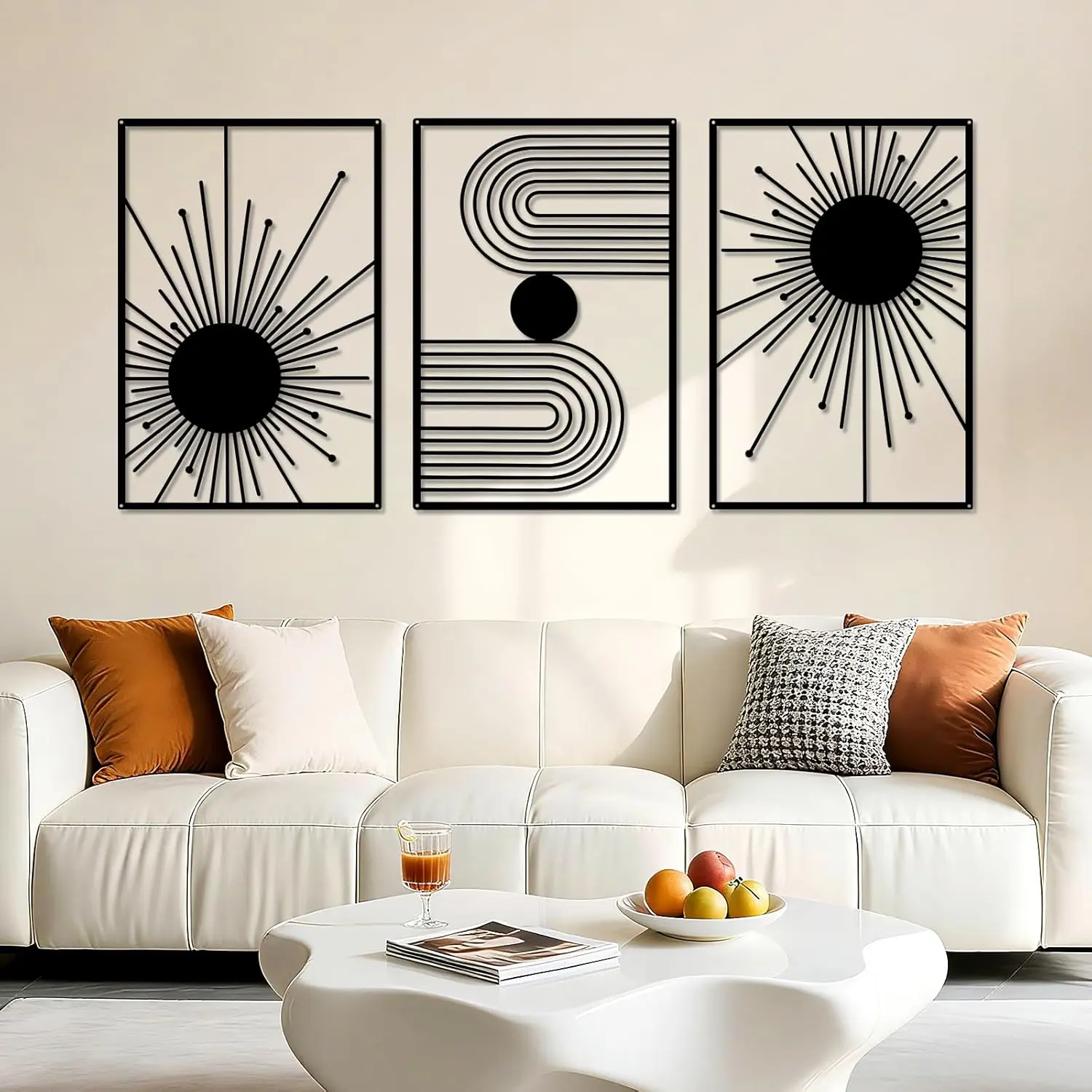 YIYA 3 Pcs Black Metal Wall Art Minimalist Sun Geometric Line Wall Decor, Modern Abstract Boho Wall Sculptures, Hanging Metal Wall Art for Living Room Bedroom Office 15.7" x 10.4"
