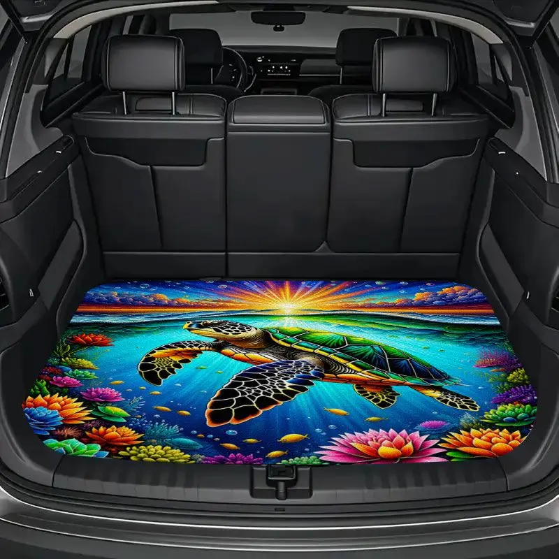 1 piece of turtle sunset ocean scene universal car trunk mat, made of polyester fiber, cute car interior decoration, non-slip rear cargo liner, cartoon car accessory
