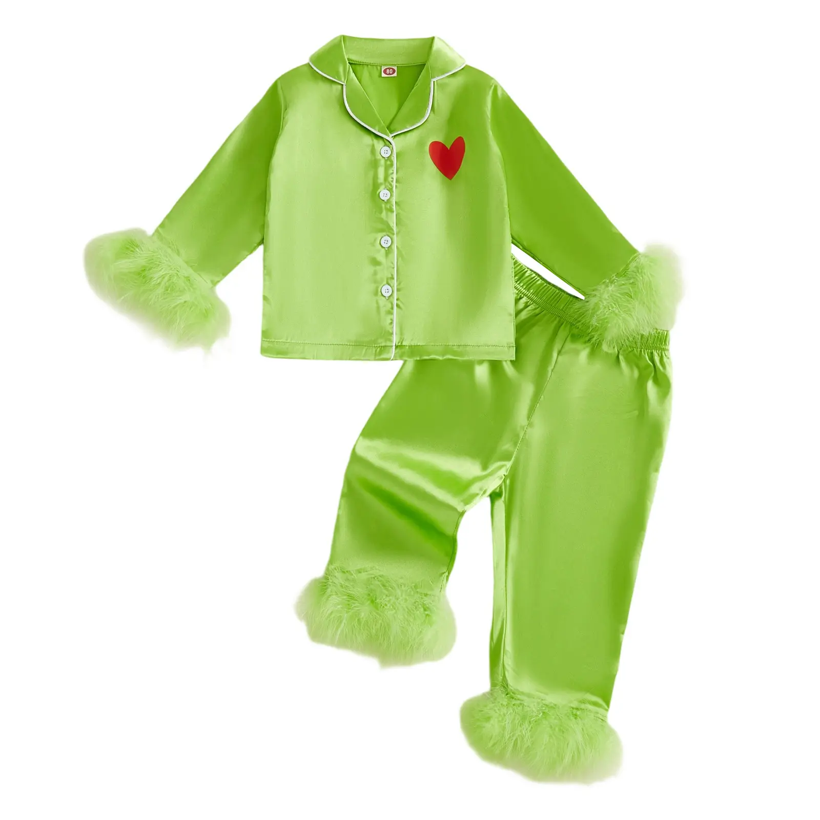 Toddler Baby Boy Girl Satin Christmas Pyjamas Set Feather Trim Long Sleeve Button Down Shirt Top Pants 6M-9Y Nightwear Loungewear Set