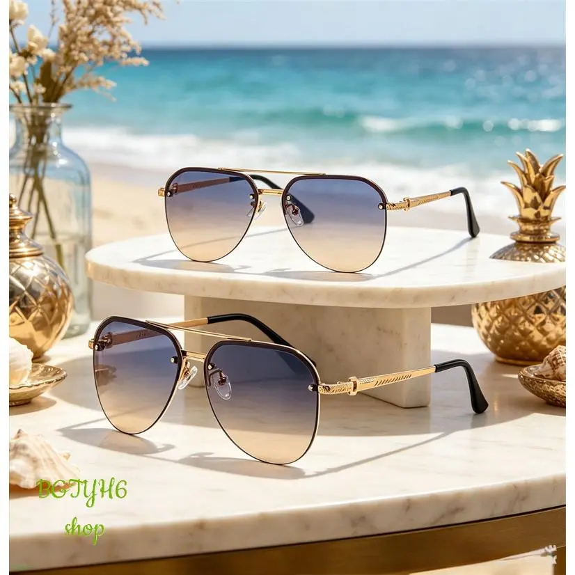 Women's Semi-Rimless Sunglasses - Classic Double-Bridge Stainless Steel Frame, Lightweight UV400 Driving Eyewear, Stylish Accessory for Travel, Eye Protection & Back to School