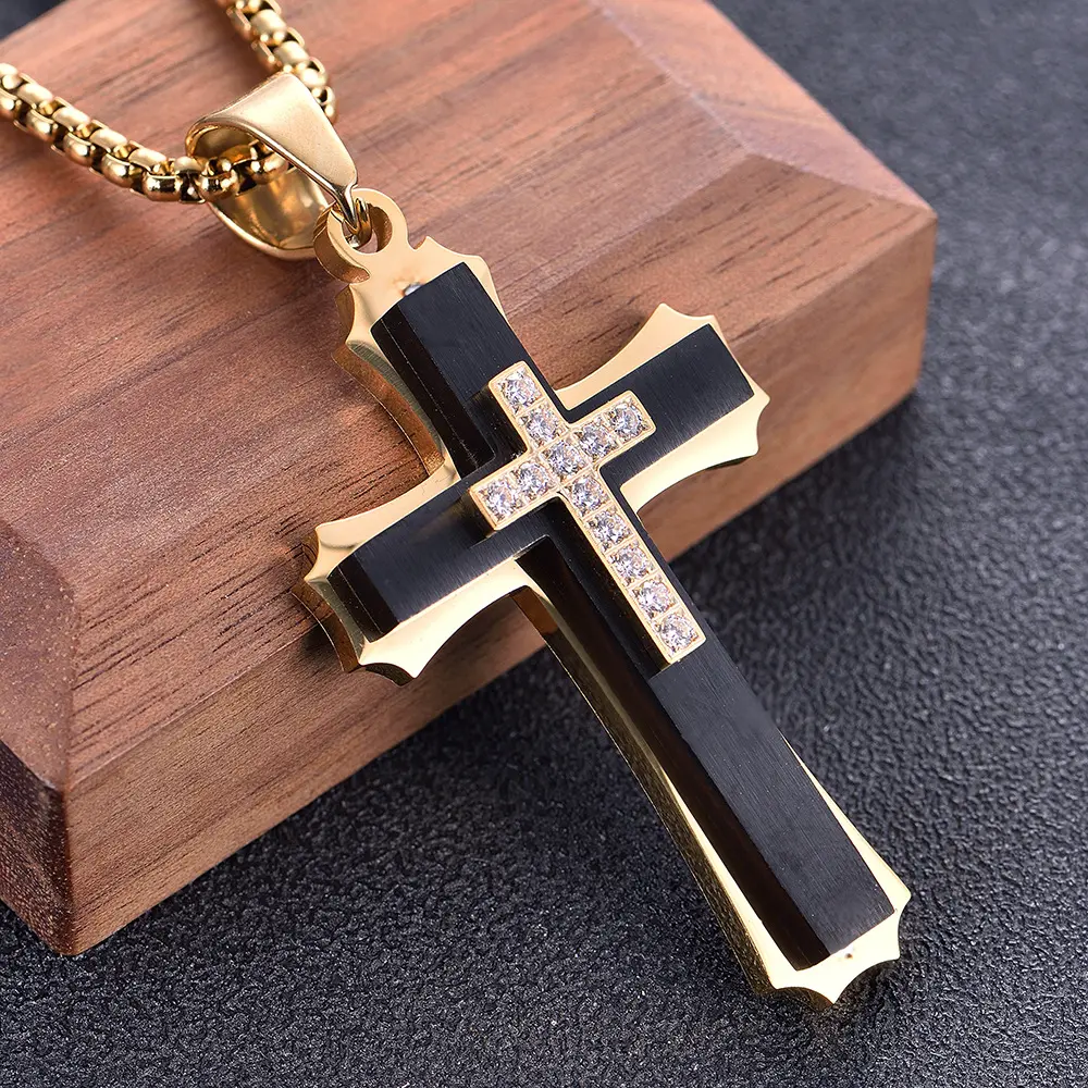 Hot-selling titanium steel necklace for men, multi-layered cross pendant with diamonds and zirconia, popular accessory