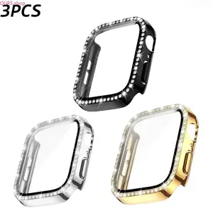 3PCS Single Row Bling Rhinestone Inlaid Hard PC Case With Built-In Tempered Glass, 2 In 1 All In One Protective Bumper Cover Compatible With Apple Watch Series 1 2 3 4 5 6 7 8 9 10 11 SE Ultra(Watch Not Included) Smartwatch Accessories Protection