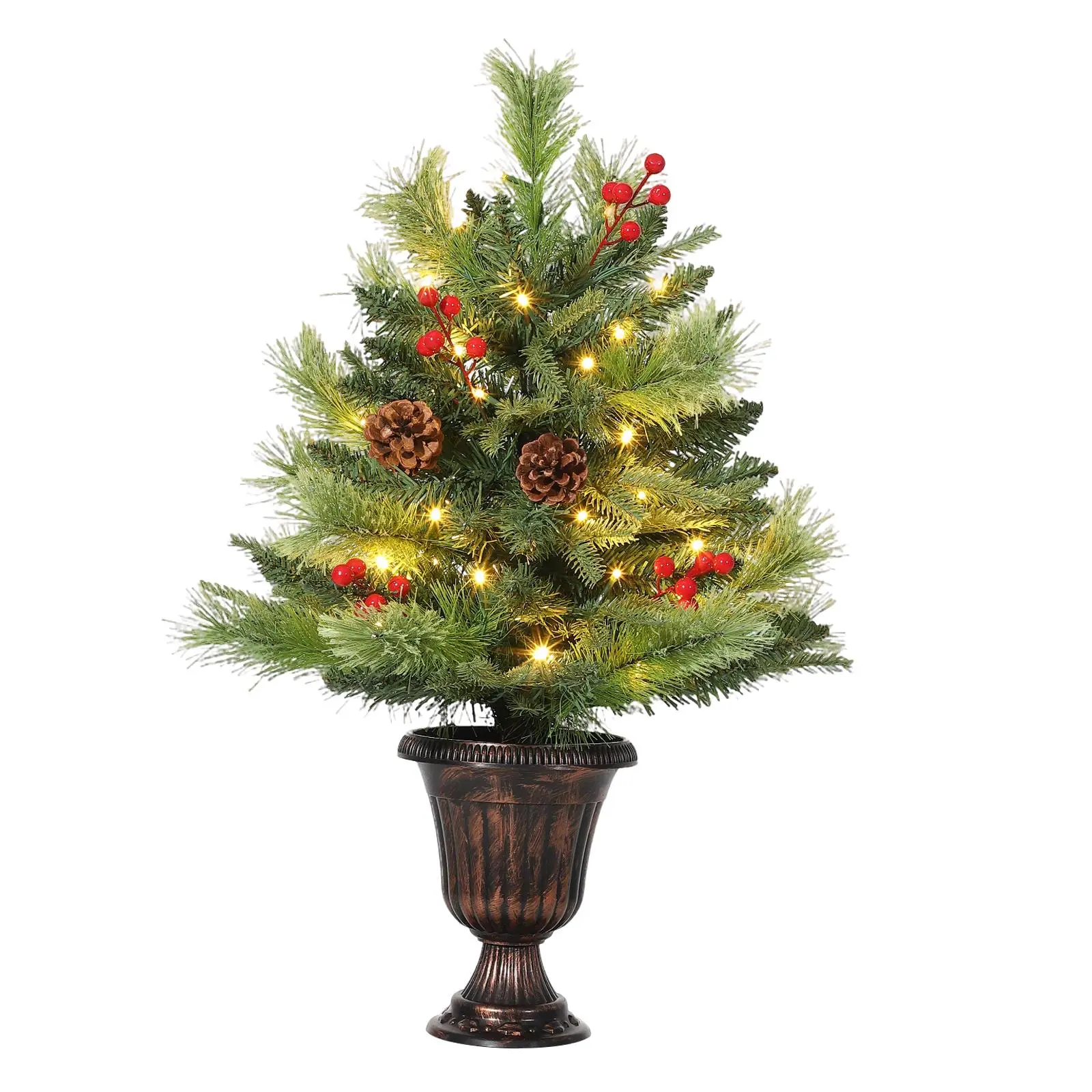 Traditional Battery-Operated Pre-Lit Mini Christmas Tree Set, 2ft-40 Lights/3ft Warm LED Lights, Synthetic Pine with Pinecones & Berries, Tabletop Xmas Decoration for Desk, Apartment, Easy Storage