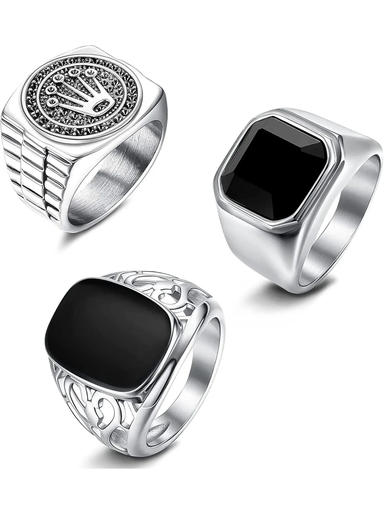 3 Pieces Men's Signet Ring Stainless Steel Vintage Punk Biker Ring Set Gothic Crown Finger Rings Unique Ring Beautiful Rings Band Rings Jewelry for Men and Women Size 14-30
