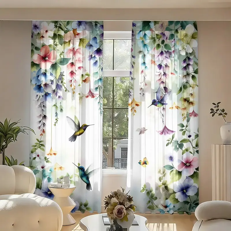 2 pieces of high-definition digital watercolor drapery, Window Drapes, Home Decoration Curtain, Curtain For Windows, featuring hummingbird and floral prints, resistant to fading, washable by hand or machine, suitable for bedroom and living room decoration