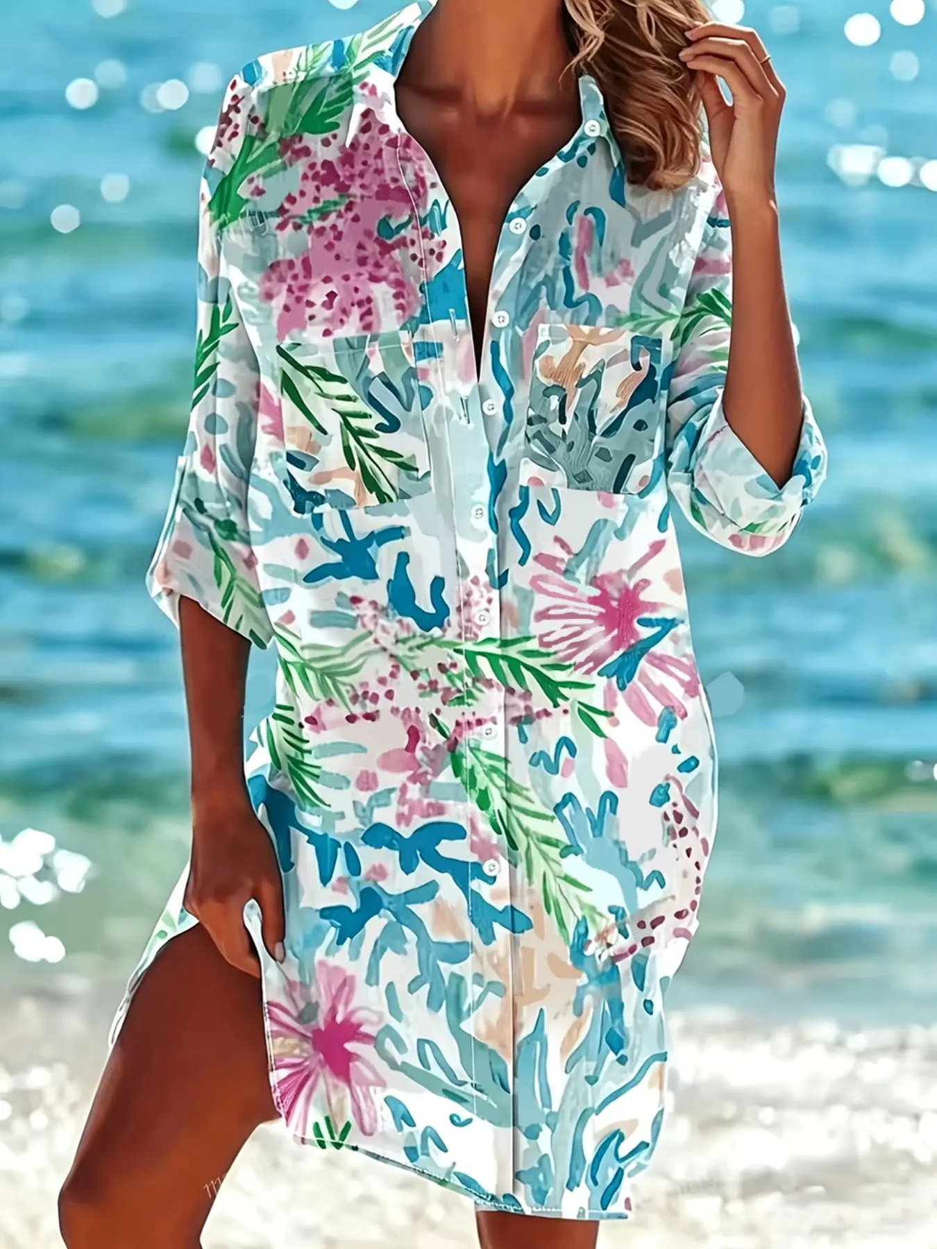 Tropical Floral Print Shirt Dress, Boho Style Loose Collar Button Beach Cover-Up, Rollable Sleeves Side Split Long Top, Bikini Outerwear for Summer, Swimwear Cover Up, Swimsuits Cover Ups, Beachwear Cover Up