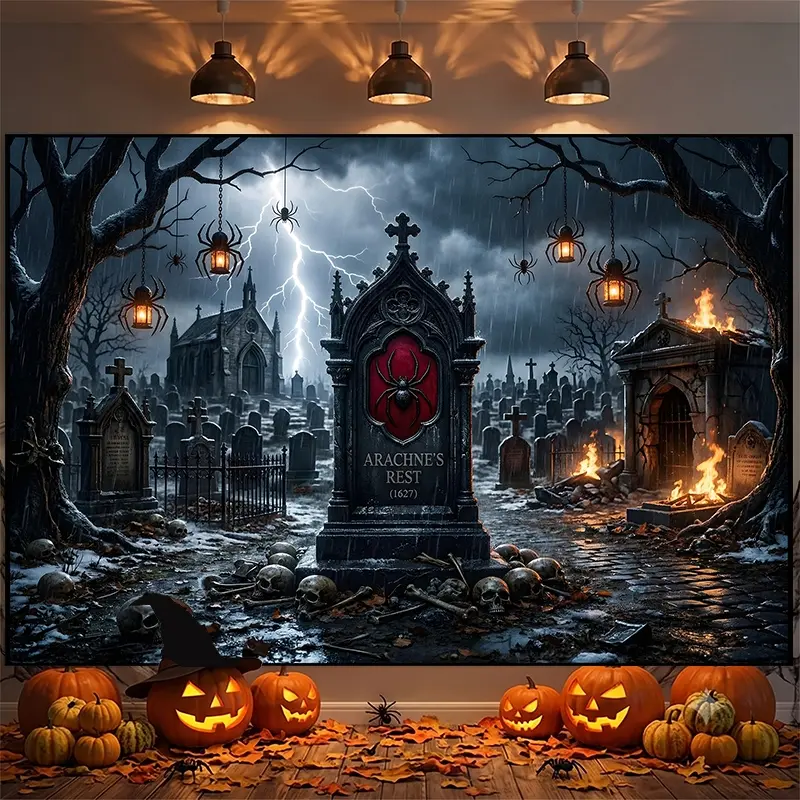 Halloween Backdrop with Dark Spiders, Skulls, Tombstones, Lightning and Rainy Graveyard Scene, Photography Background, Party Backdrop, Photo Booth Background, Studio Backdrop, Video Background, Haunted House Backdrop, Perfect for Halloween Parties, Haunte