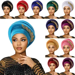 African Auto Gele Turban Hat Pre-Made Shiny Crinkle Fabric Beret Head Wrap with Rhinestone Leaf Appliqué for Nigerian Women Party Church Headwear, Accessories For Women, Hats For Women