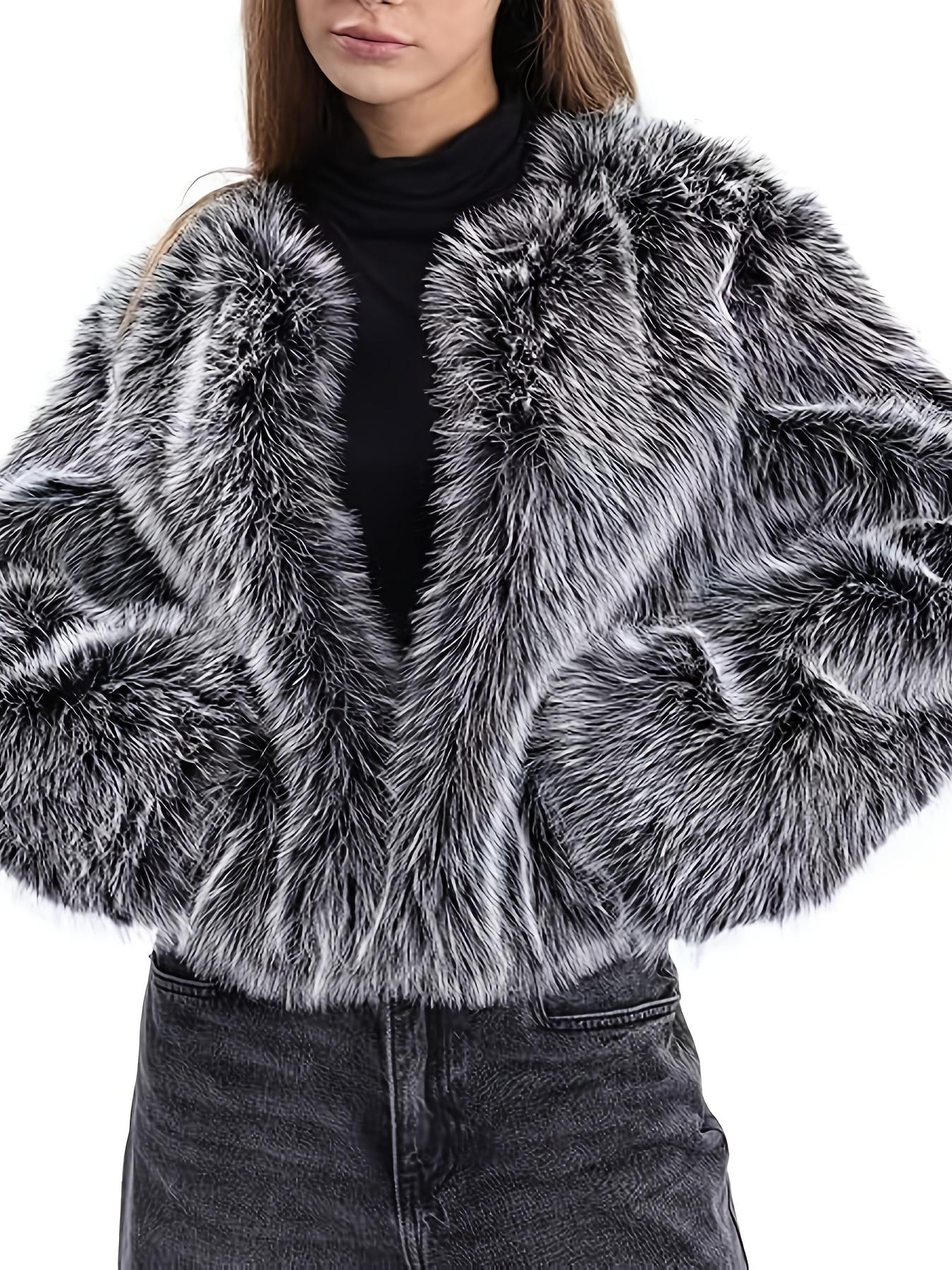 Women's Short Faux Fur Jacket - Brown Winter Coat with Pockets, Collar & Single-Breasted Closure, Hand Washable Synthetic Outerwear for Casual & Business, Short-Length Warm Coat - Fall/Winter Blazer