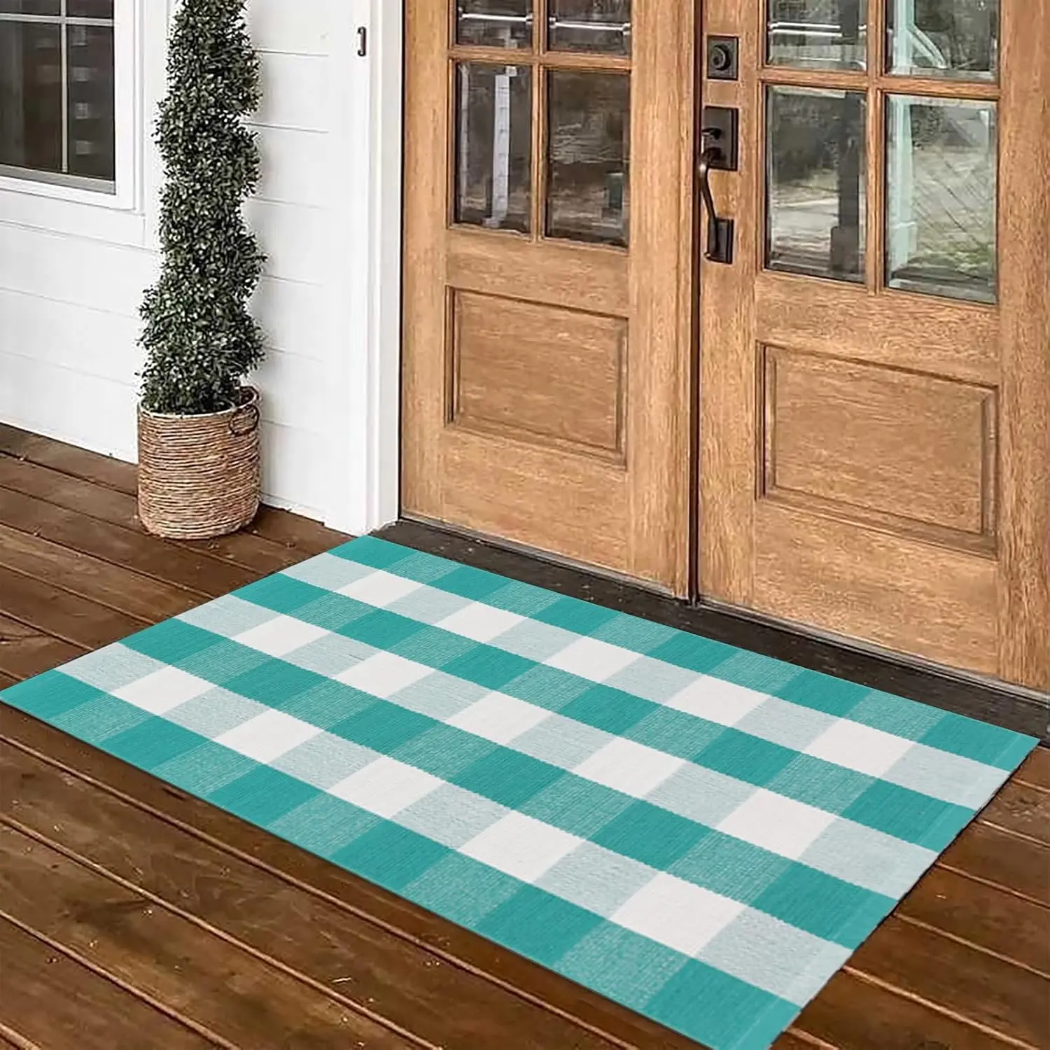 Spring Rugs Green and White , 28” x 43” Area Rug Outdoor Indoor Easter Front Porch Door Mats  Hand-Woven Layered Doormat for Entryway Patio Entryway Laundry Bedroom Living Room
