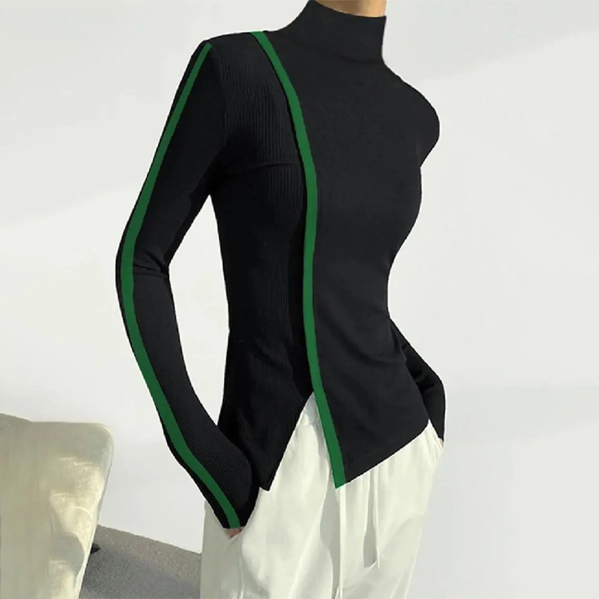 Women's Chic Knitwear Turtleneck Top - Basic Solid Long Sleeve Skinny Fit with Asymmetric Split Hem, Medium Length, Casual Women's Tops for Christmas, Valentine's Day, Thanksgiving
