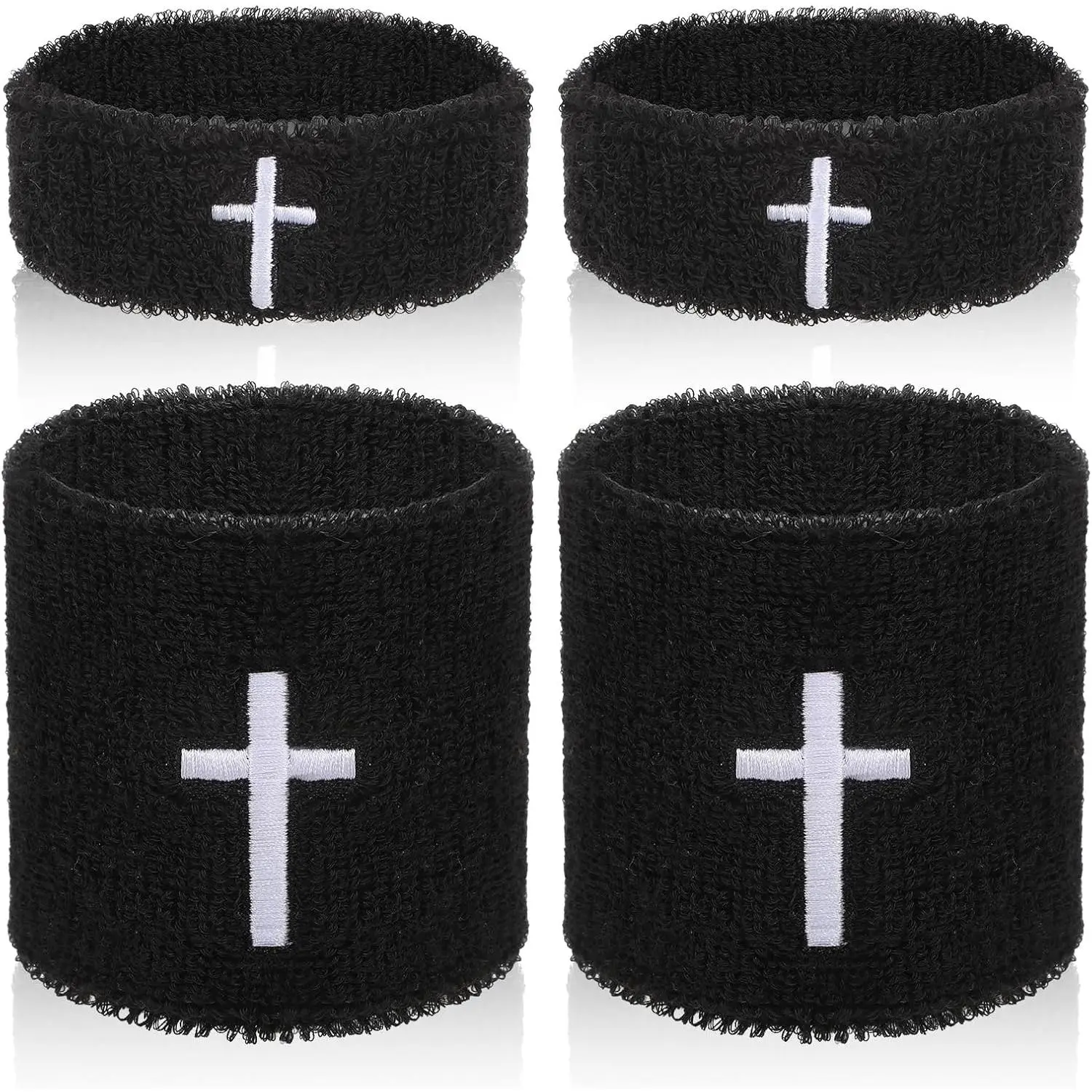 Cross Bicep Bands Wrist Bands 4 Pcs - Christian Arm Sweat Wristbands for Men Women Absorbent Armband for Football Baseball Basketball Sports Activities (Black)