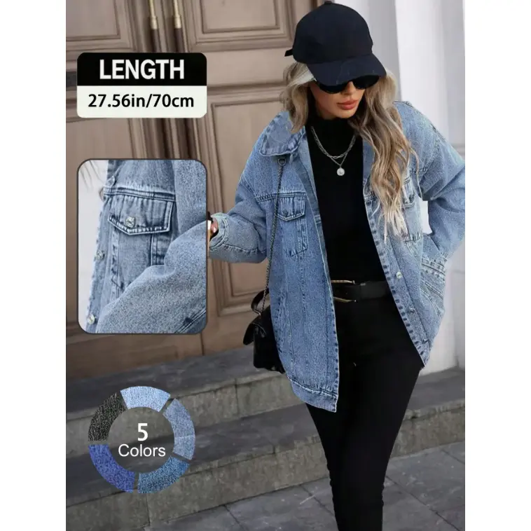 Women's Denim Loose Fit Jacket, Basic Casual Street Fashion Long Sleeve Outerwear for Daily Wear, Ladies Clothes for All Seasons, Coats, Womenswear, Streetwear
