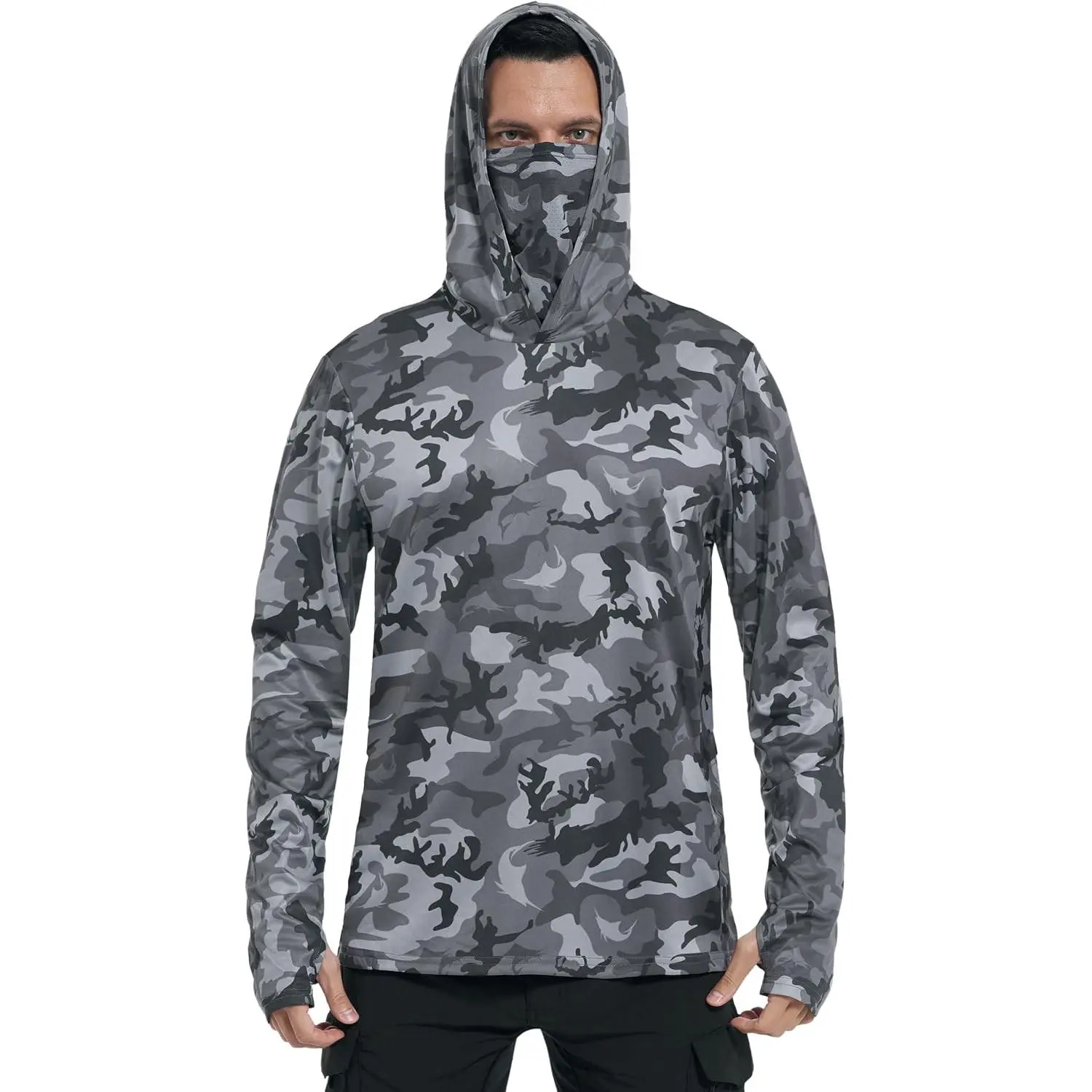 Men's Performance Fishing Hoodie Shirt - UPF 50+ Sun Protection Long Sleeve Thumbhole Shirt with Neck Gaiter(Gift)