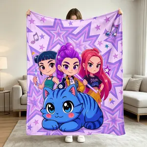 K Pop Demon Hunters Huntrix Rumi Mira Zoey Flannel Blanket Kids Blanket Adult Blanket Cute Blue Cat Cartoon Print Soft Warm Throw For Bed Sofa Camping Travel Action Figures Fans Gift