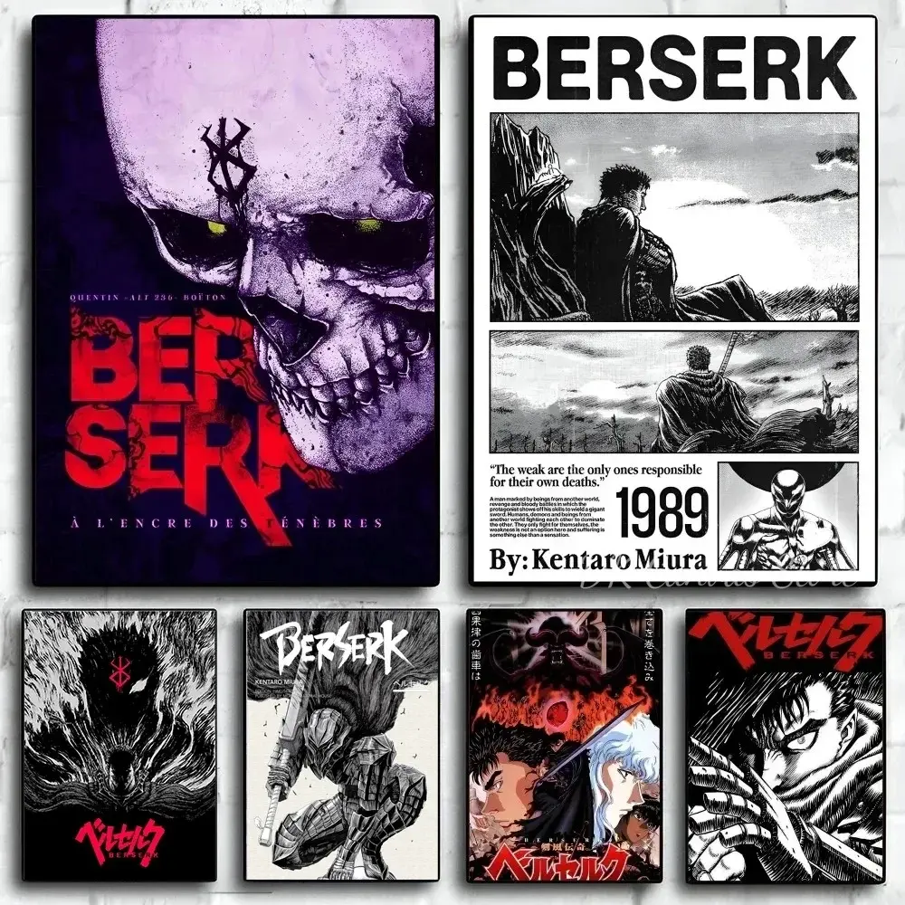 Berserk Manga Canvas Wall Art Set| Dark Fantasy Anime Posters for Bedroom, Gaming Room Decor| Kentaro Miura Art, Guts & Skull Graphic, Otaku Collector Gift