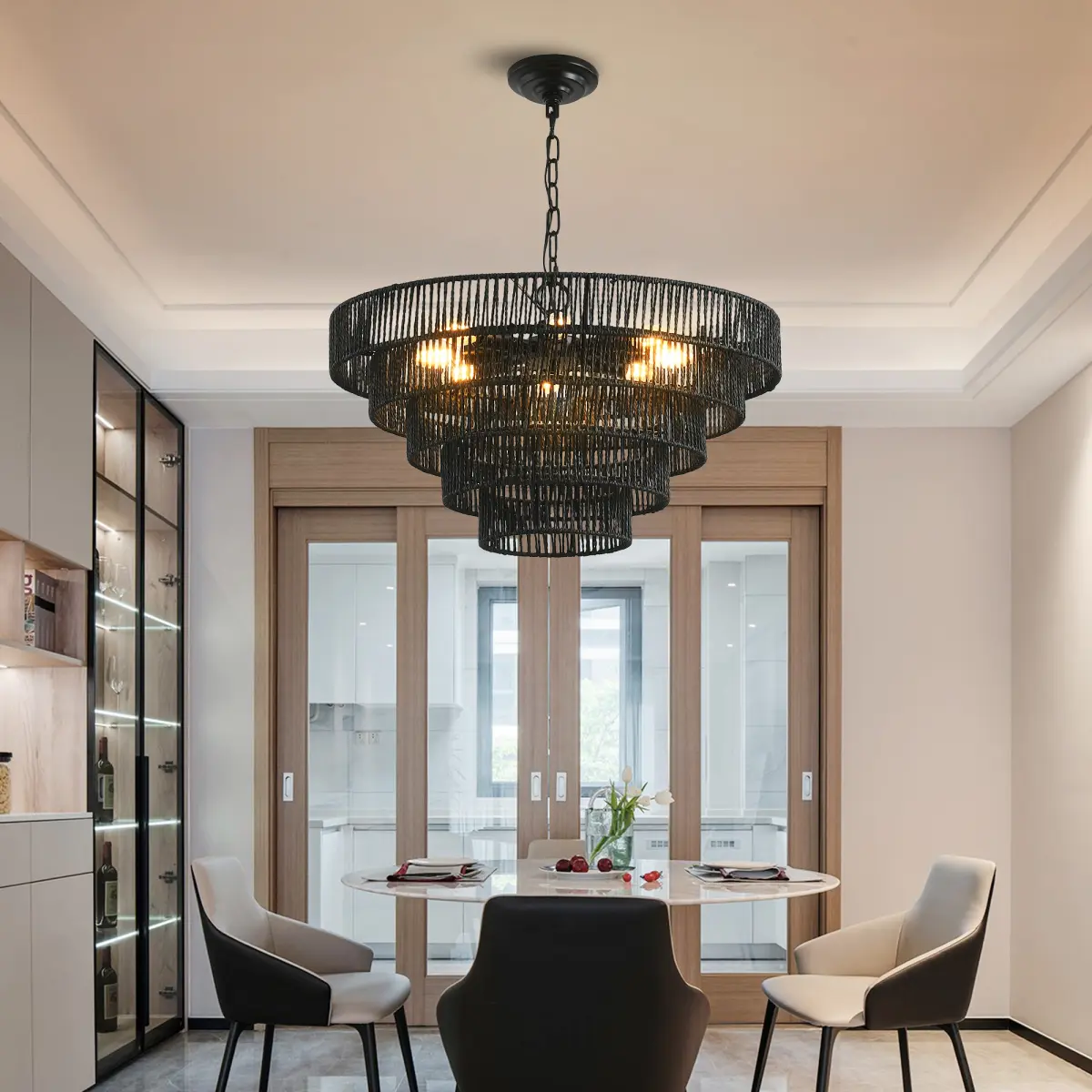 24" Rustic 5-Tier Black Hemp Rope Pendant Light Chandelier with 8 E12 Sockets, Boho Farmhouse Ceiling Fixture for Dining Room, Kitchen, or Entryway (Bulb Not Included)