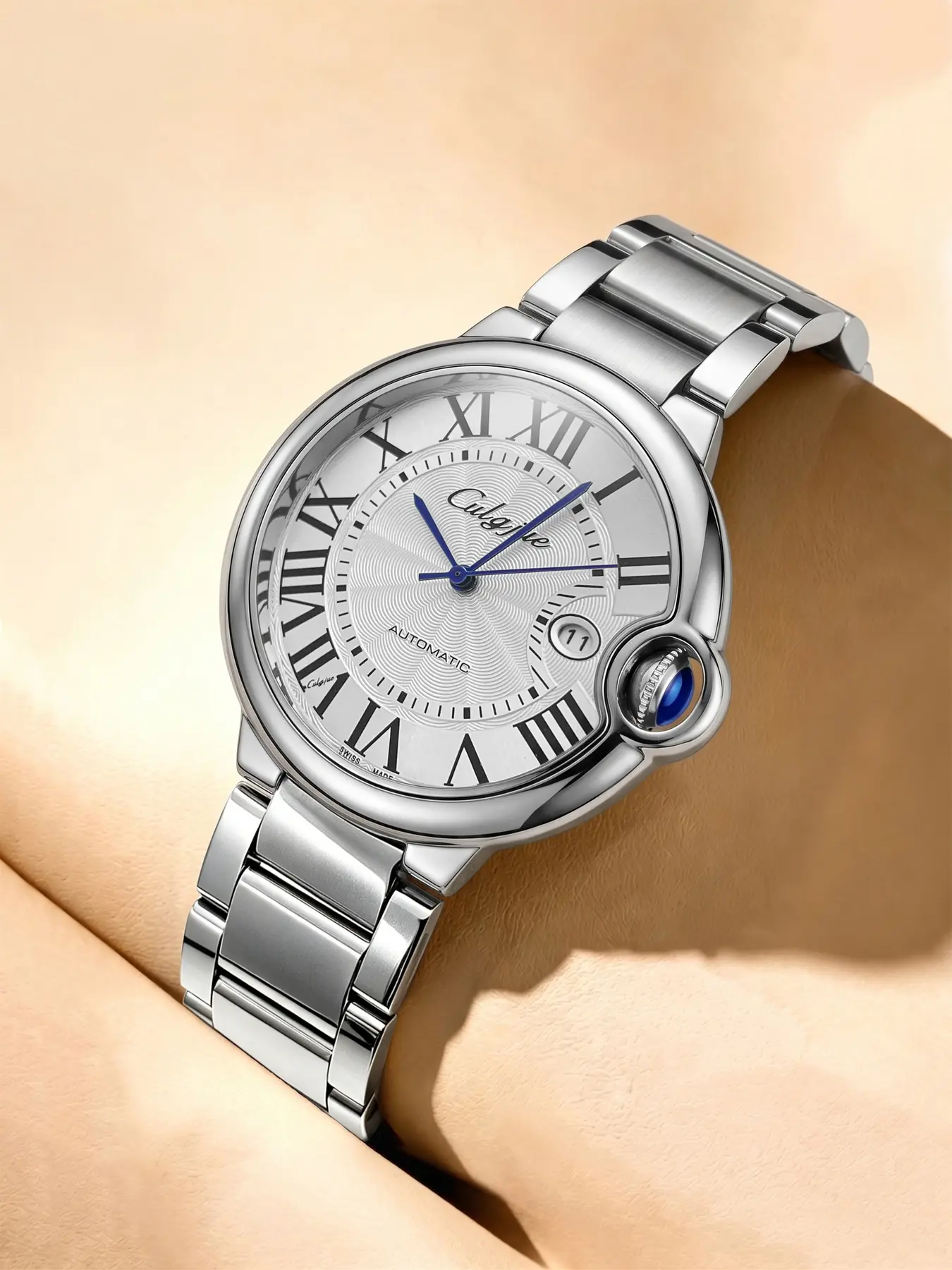 Classic Blue Balloon Men's Quartz Watch, Stainless Steel Strap, Roman Numerals, Calendar Display, Waterproof, Business Casual, Gift Idea, Quartz Analog Timepiece