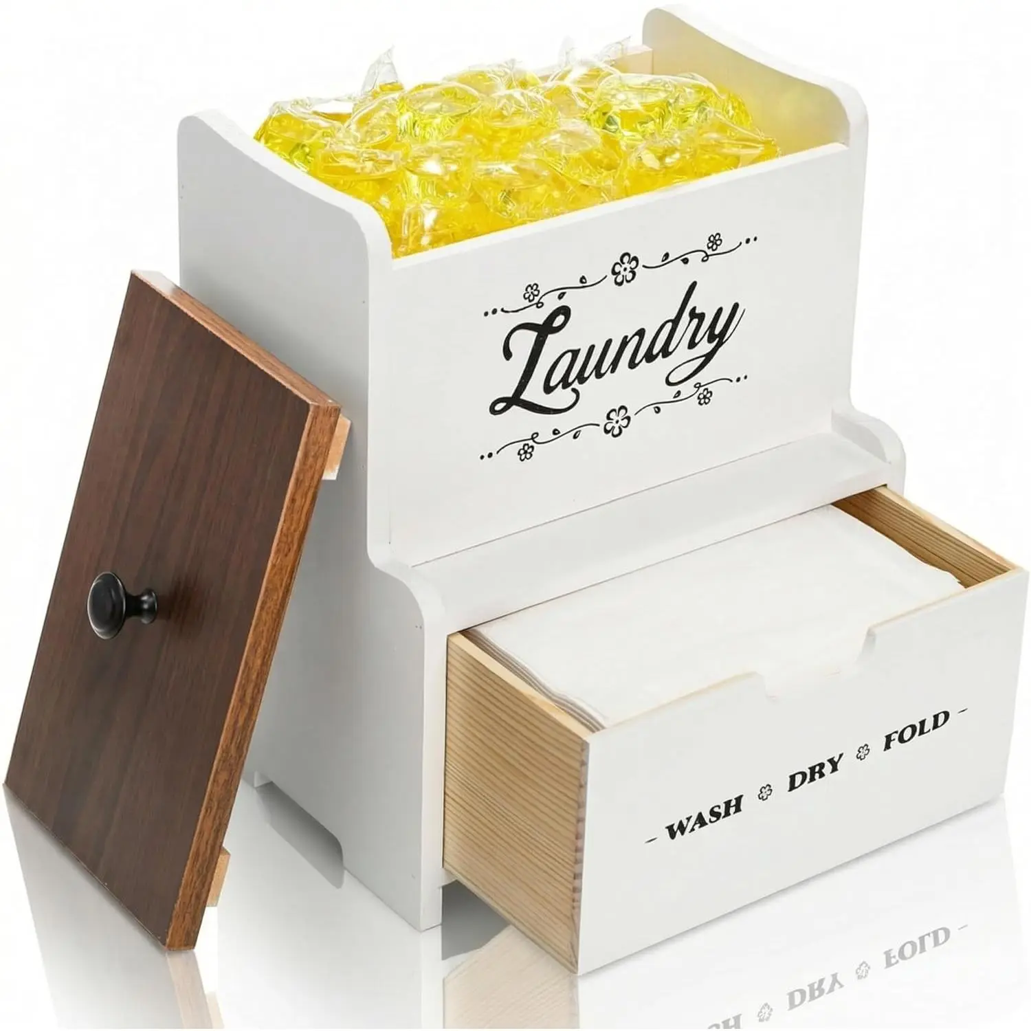 Durable Rectangle Farmhouse Decor Wood Dryer Sheet Holder with Drawers, Lid, 8.5"l*6.3"w*9.8"h Dustproof Wall-Mount Organizer for 300 Dryer Sheets, Laundry Pods, Fabric Softener - Easy-to-Clean Cute Saying Home Storage Box