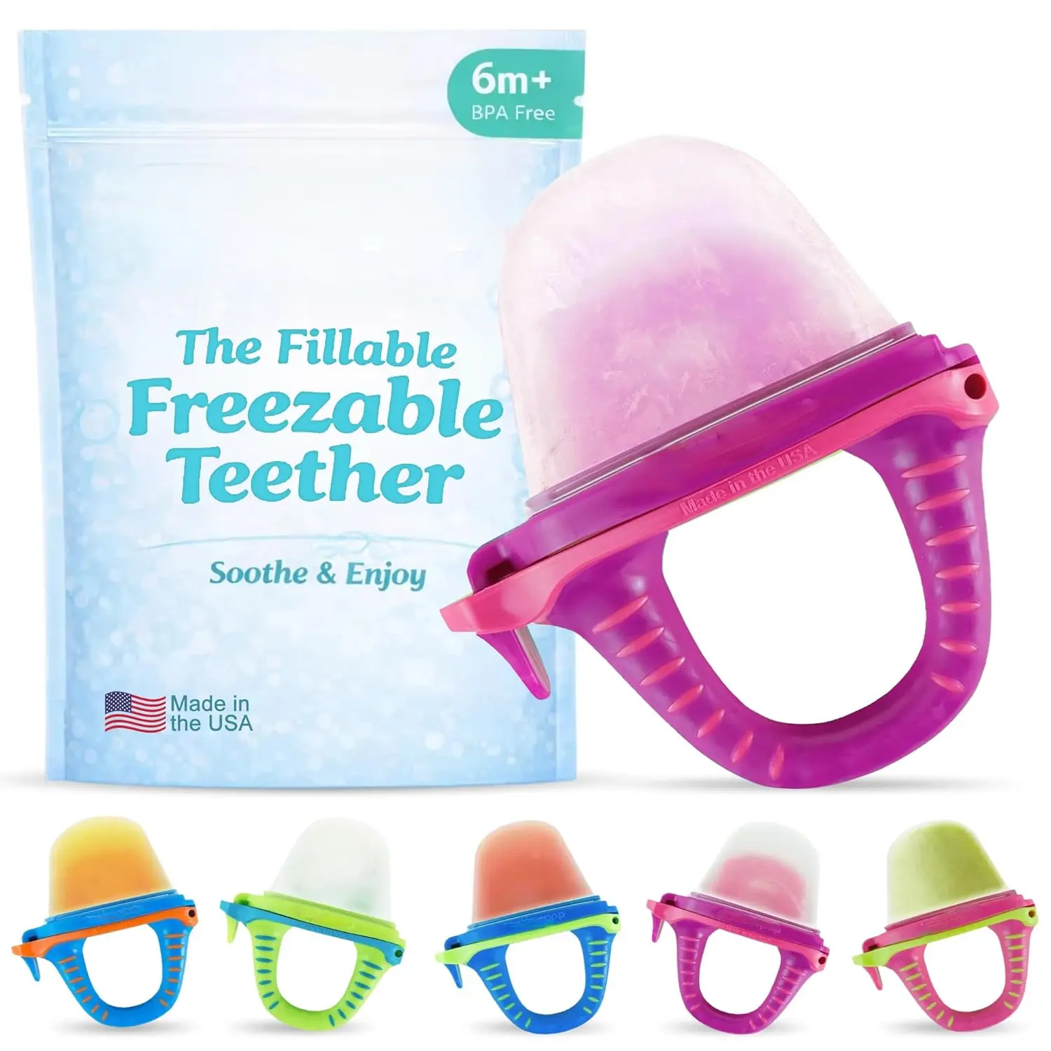 Unisex Baby Fillable Freezable Teether - Breastmilk Fill, Spill-Proof Sippy Slits, 1-Size Grip, Popsicle Shape for Liquids/Purées, Cool Relief Feeder Pacifier - Fuchsia, One-Size Grip