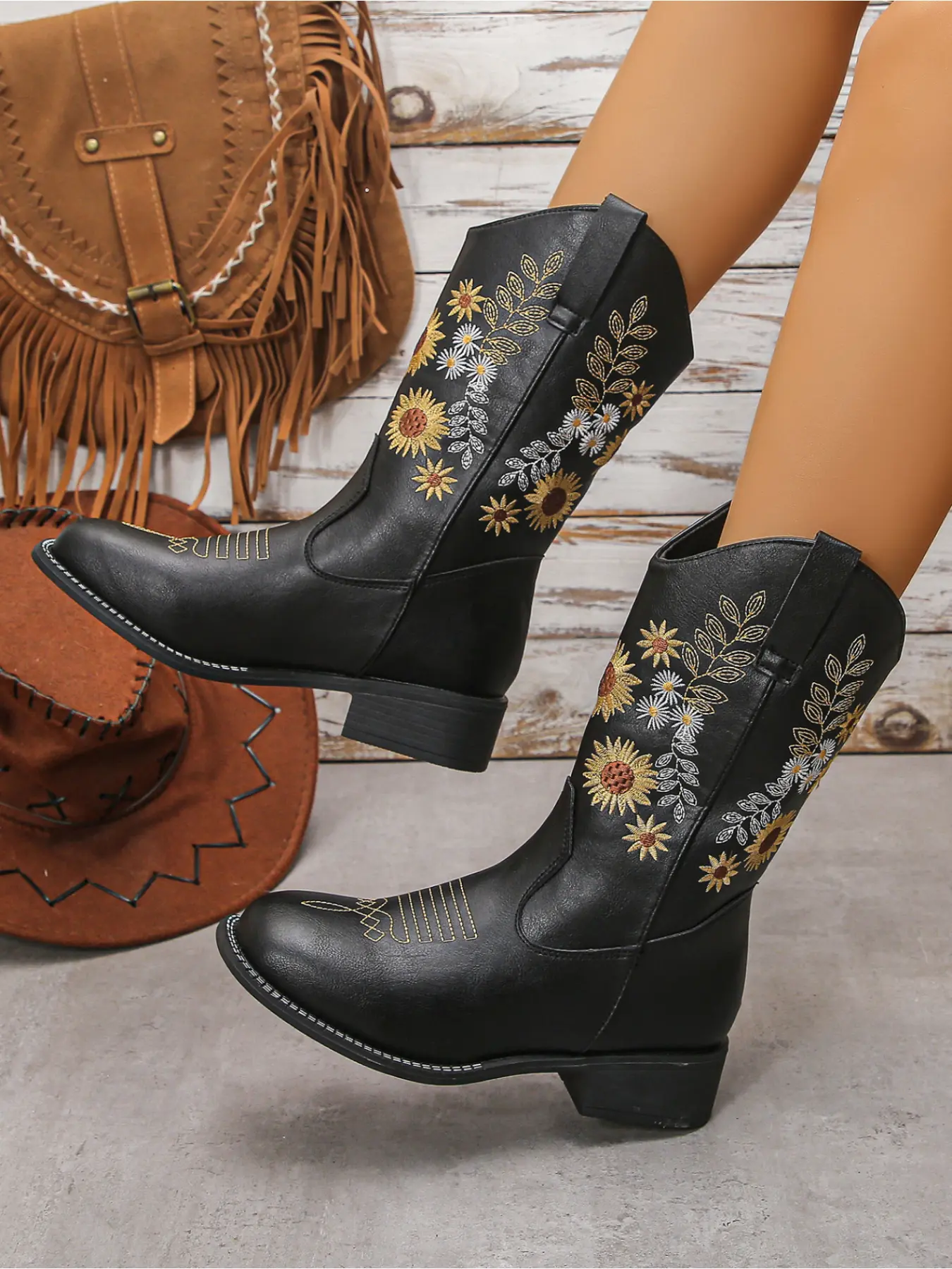 Women's Sunflower Floral Embroidery Mid-Calf PU Leather Boots, Round Toe Low Heel, Vintage Western Style, Daily Commute Party Fashion Shoes, Cowgirl Boot