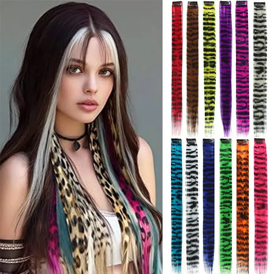 One-Piece Feather Leopard Print Clip In Hair Extensions, Invisible Ear Hanging Colored Highlight Wavy Hairpiece, Synthetic No Glue Hair Accessory for Daily Styling