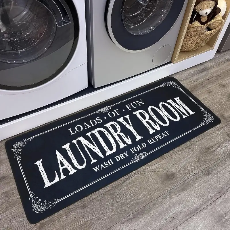 Velvet Non-Slip Laundry Runner Rug - Farmhouse Style for Laundry Room, Mudroom - Black, 20x47 in, Decoration