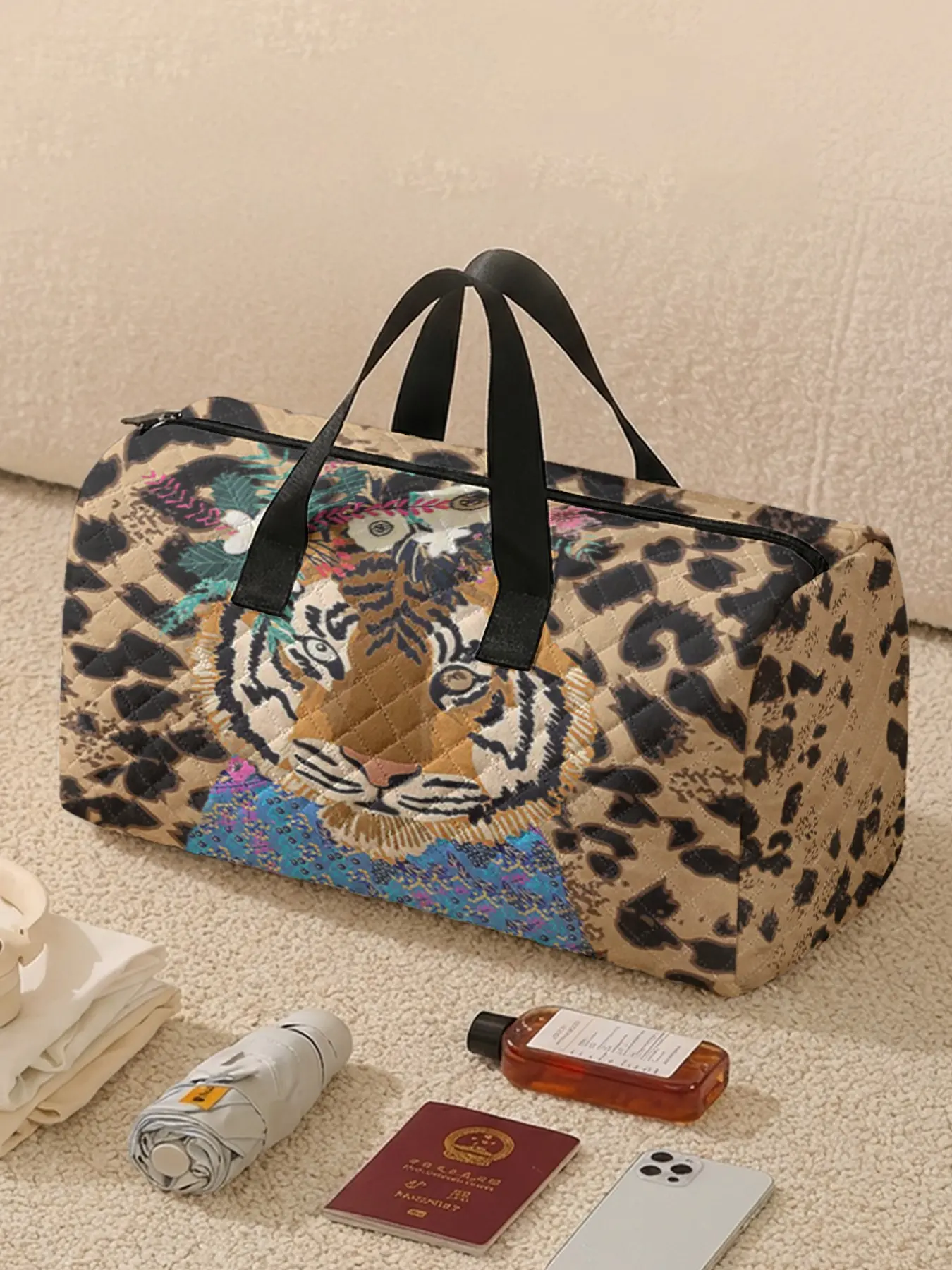Father's Day Gifts, Leopard Tiger Embroidered Quilted Tote Bag, Large Capacity Travel Duffle Bag, Portable Overnight Stylish Travel Bag, Yoga Training Bag, Crossbody Bag with Shoe Storage, Duffel Bags