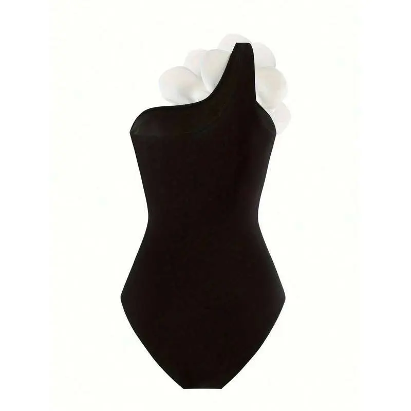 Women's Black Bandeau 1-Piece Swimsuit, 3D White Flower Decor (Sports & Outdoor Swimwear)