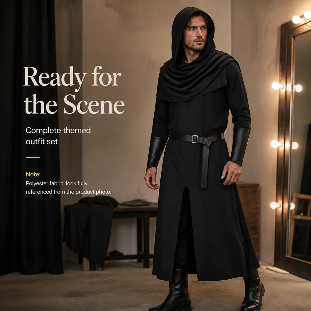 Men's Black Medieval Assassin Costume Set - Hooded Cowl Scarf, Front-Split Long Robe, Belt, Faux Leather Arm Guards for Dark Renaissance Rogue Cosplay