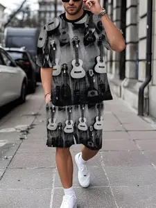 Men's Casual Retro Guitar All over Print Short Sleeve Tee and Shorts Set, Classic Electric Guitar Array, Vintage Tone