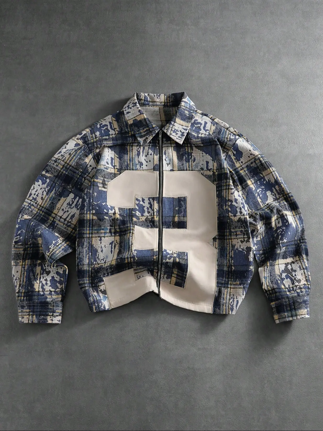 Men's High Street Style Graffiti Plaid Jacket, Blue Graffiti Plaid + Large Number Patchwork, Loose Lapel Version, Vintage Fabric